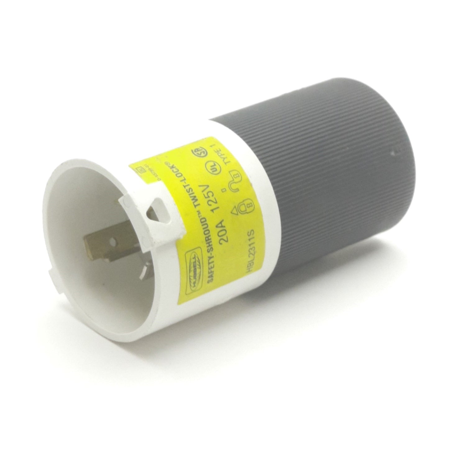 Used Hubbell HBL2311S Twist-Lock Plug w/ Safety Shroud, 2-Pole, 3-Wire, 125VAC, 20A