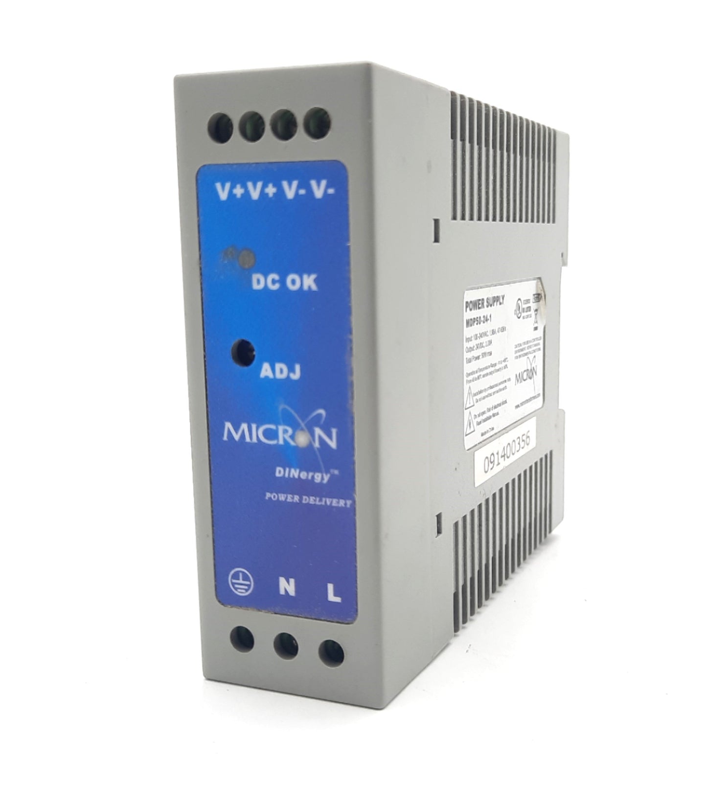 Used Micron MDP50-24-1 Power Supply 100-240VAC 1.65A, 24VDC 2.08A 50W DIN Rail