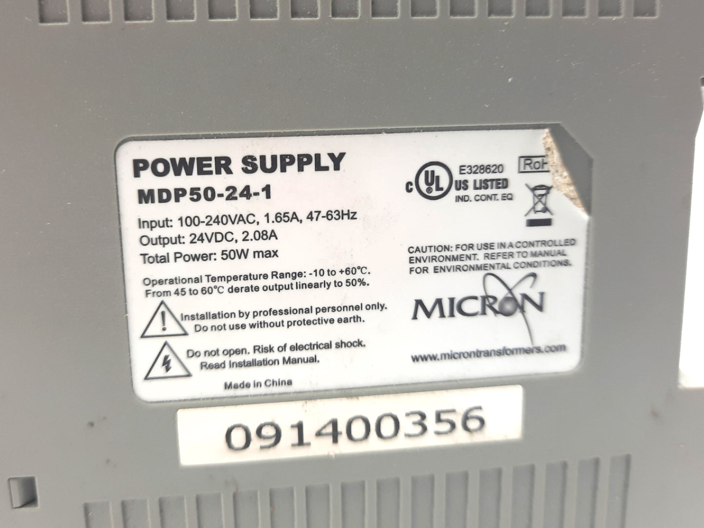 Used Micron MDP50-24-1 Power Supply 100-240VAC 1.65A, 24VDC 2.08A 50W DIN Rail