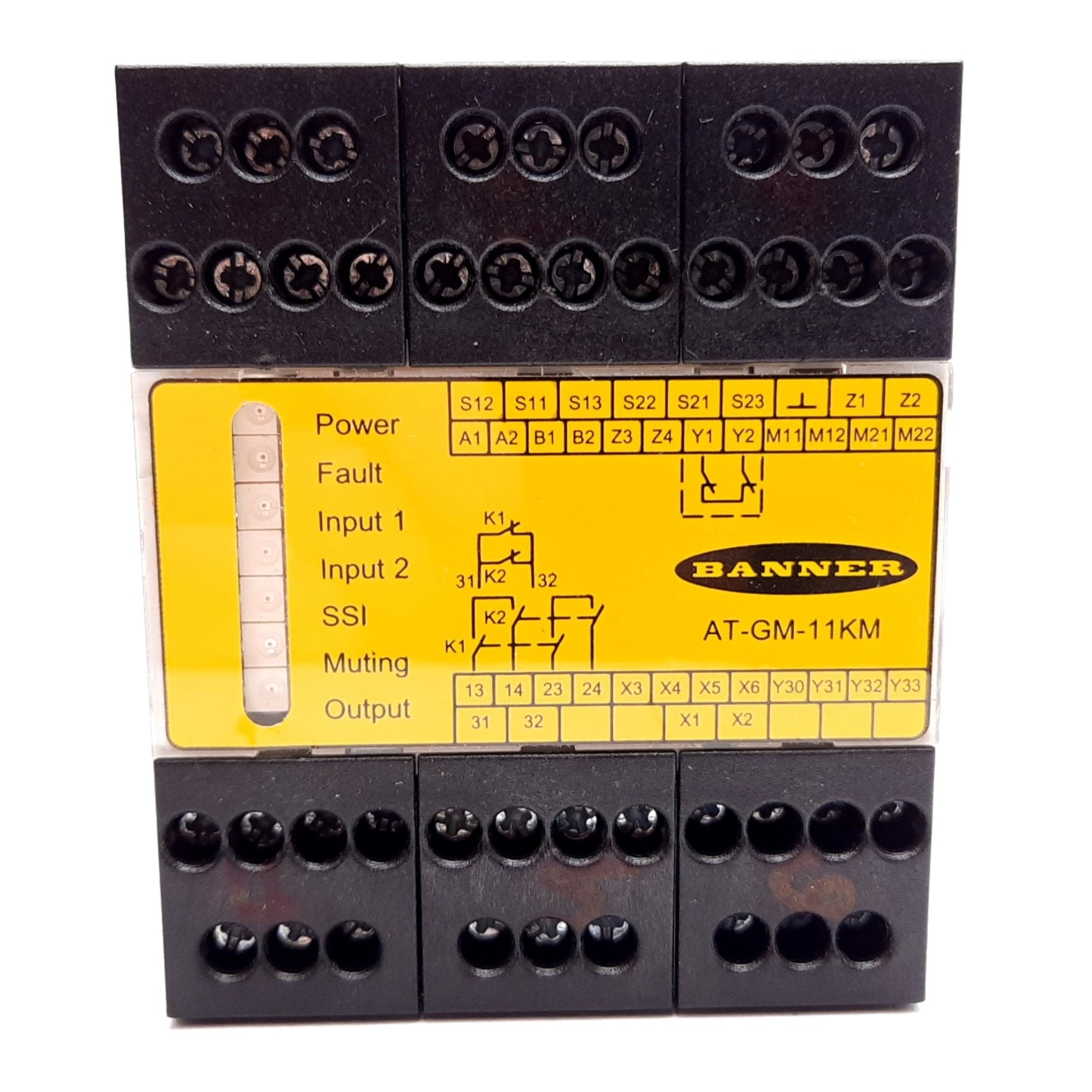 Used Banner AT-GM-11KM Dou-Touch Two-Hand Control Module, 115VAC/24VDC, N/C Aux