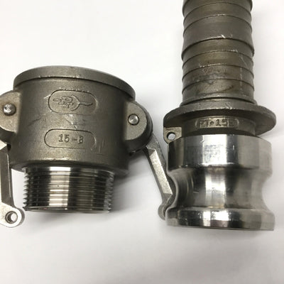 Used PT Coupling 15B & 15E 316SS Cam & Groove Coupler Ø1-1/2" w/Hose Shank Adapter