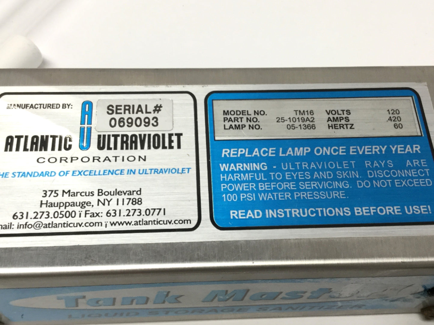 Used Atlantic Ultraviolet TM16 Tank Master UV Water Purifier Sterilize 120VAC