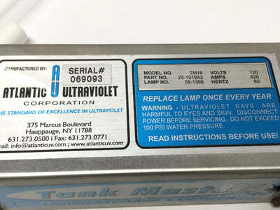 Used Atlantic Ultraviolet TM16 Tank Master UV Water Purifier Sterilize 120VAC