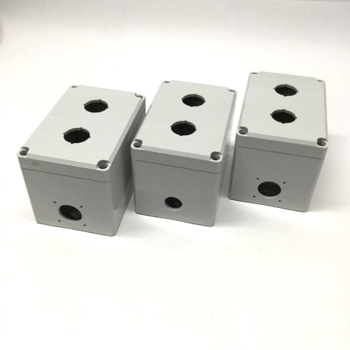 Used Lot of 3 Hoffman Q2PBPCDM Pushbutton Box Enclosures Polycarbonate *Holes Added*