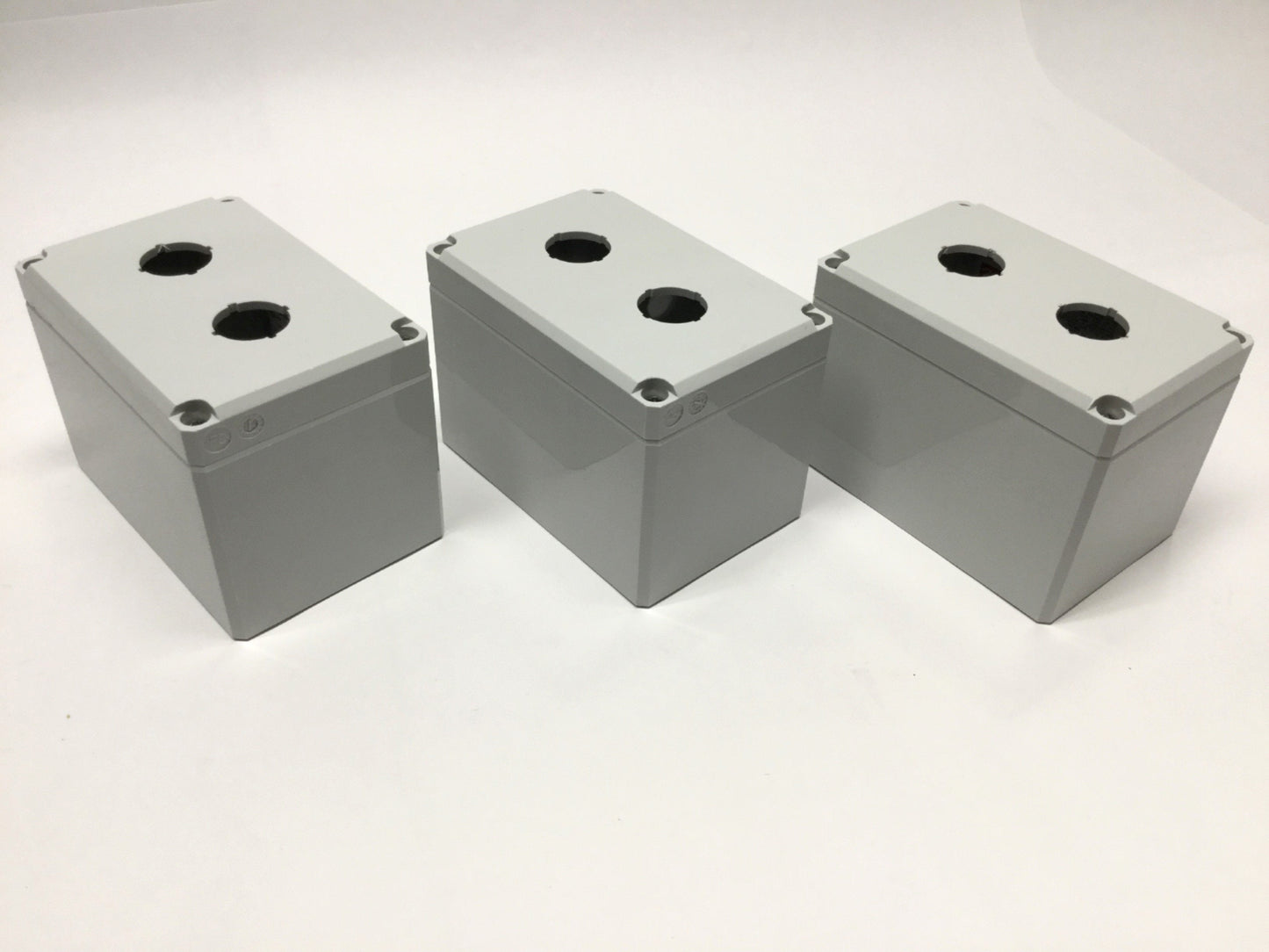 Used Lot of 3 Hoffman Q2PBPCDM Pushbutton Box Enclosures Polycarbonate *Holes Added*