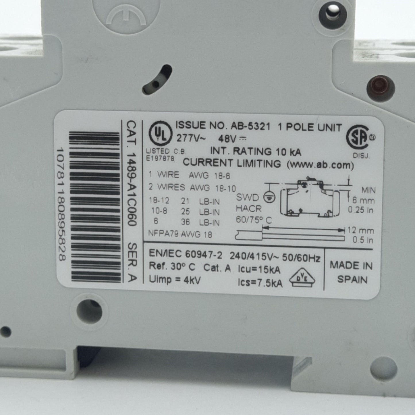 Used Lot of 2 Allen Bradley 1489-A1C060 Circuit Breaker, 1-Pole, 6A, 48VDC/227VAC