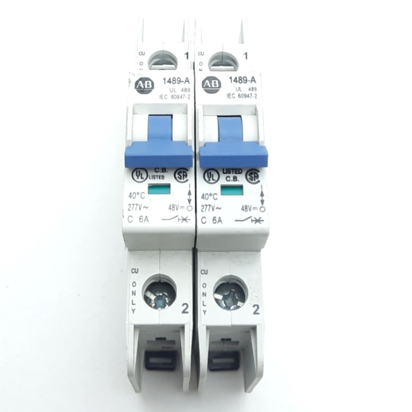 Used Lot of 2 Allen Bradley 1489-A1C060 Circuit Breaker, 1-Pole, 6A, 48VDC/227VAC