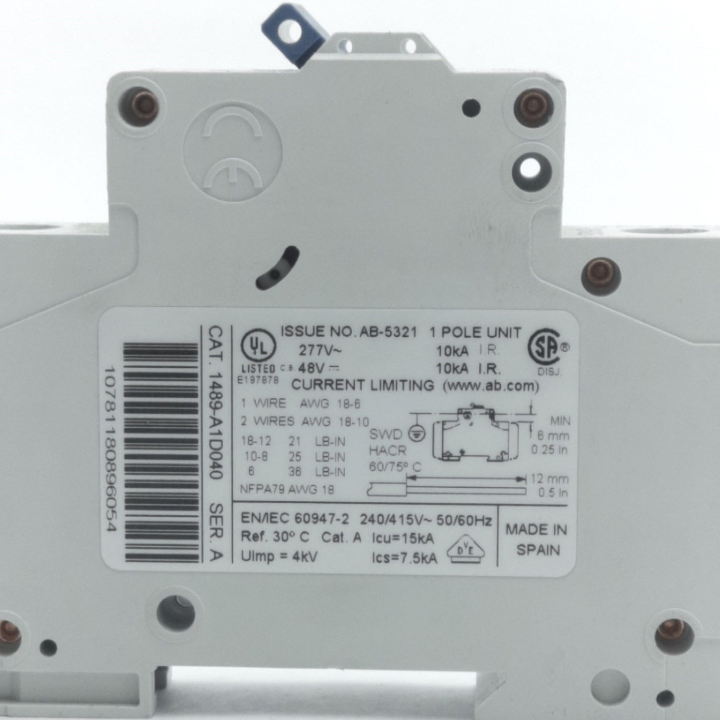 Used Allen Bradley 1489-A1D040 Miniature Circuit Breaker, 1-Pole, 4A, 277VAC/48VDC