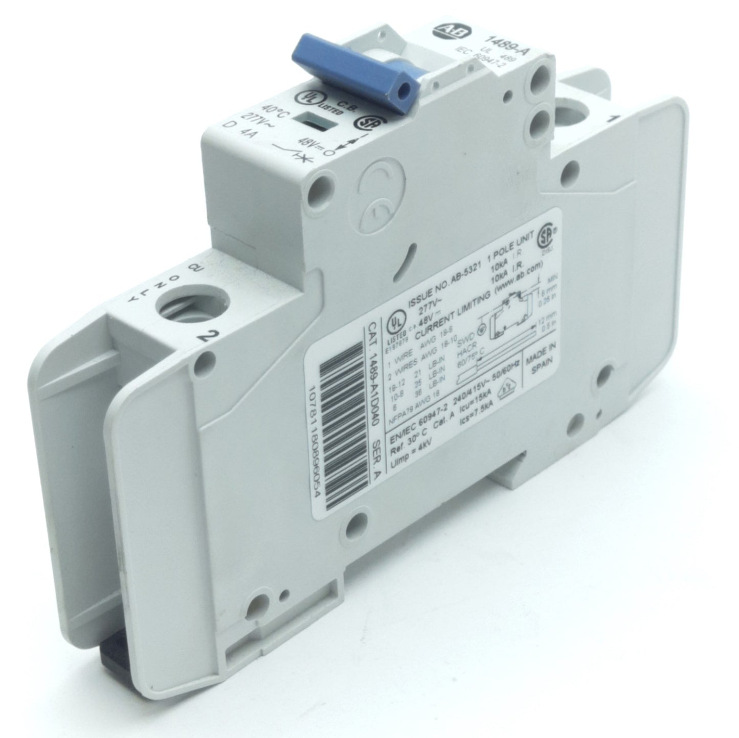 Used Allen Bradley 1489-A1D040 Miniature Circuit Breaker, 1-Pole, 4A, 277VAC/48VDC