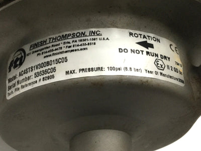 Used Finish Thompson AC4STS1V300B015C05 SS Centrifugal Pump 1/3HP 39GPM 115/230VAC