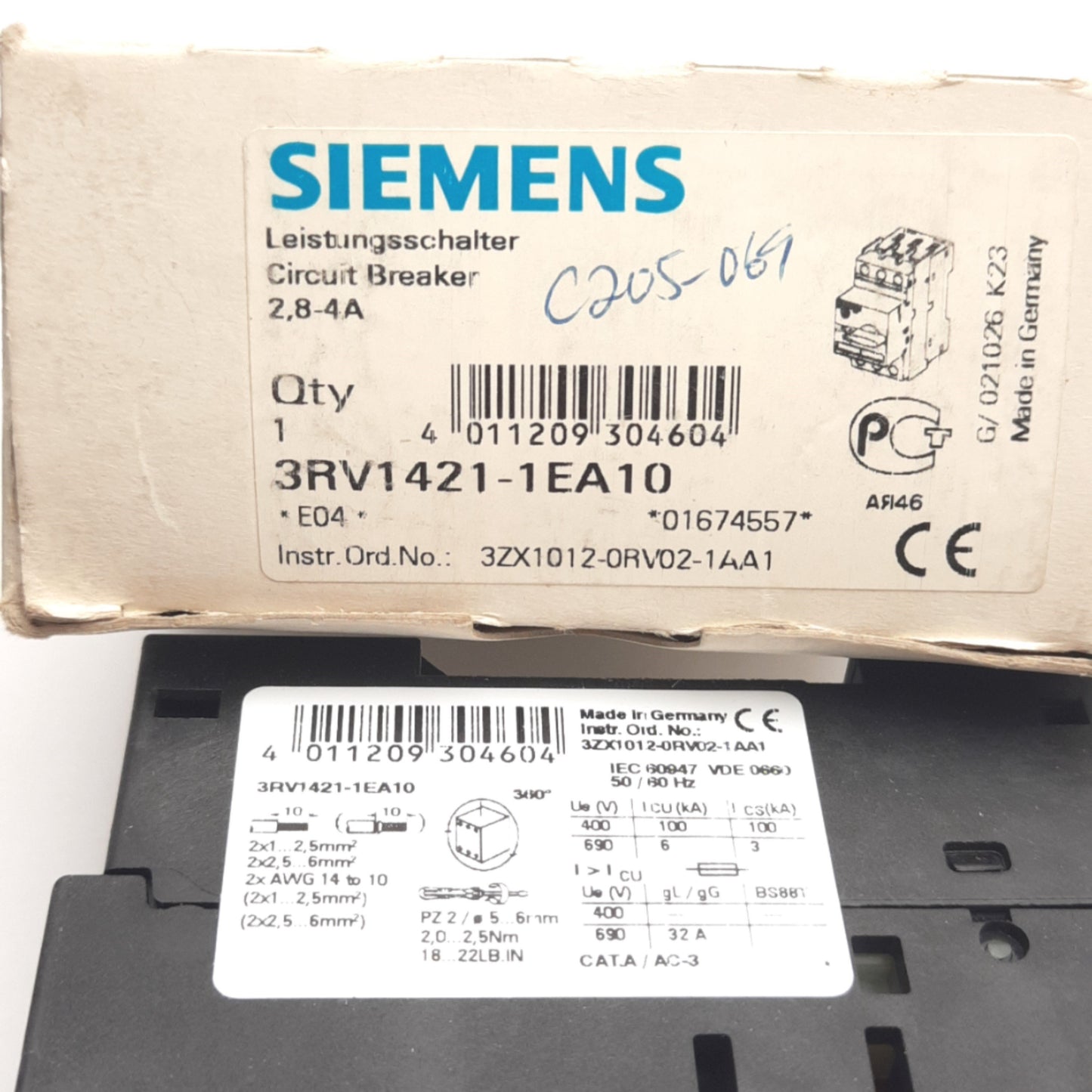 New Siemens 3RV1421-1EA10 Motor Protection Circuit Breaker, 3-Pole, 4A Max, 690VAC