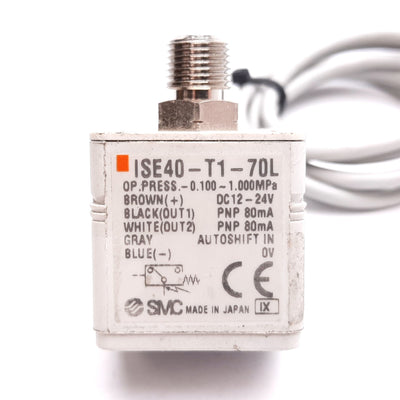 Used SMC ISE40-T1-70L Digital Pressure Switch, -0.1 to 1.0MPa, 12-24VDC, PNP 1/8" NPT