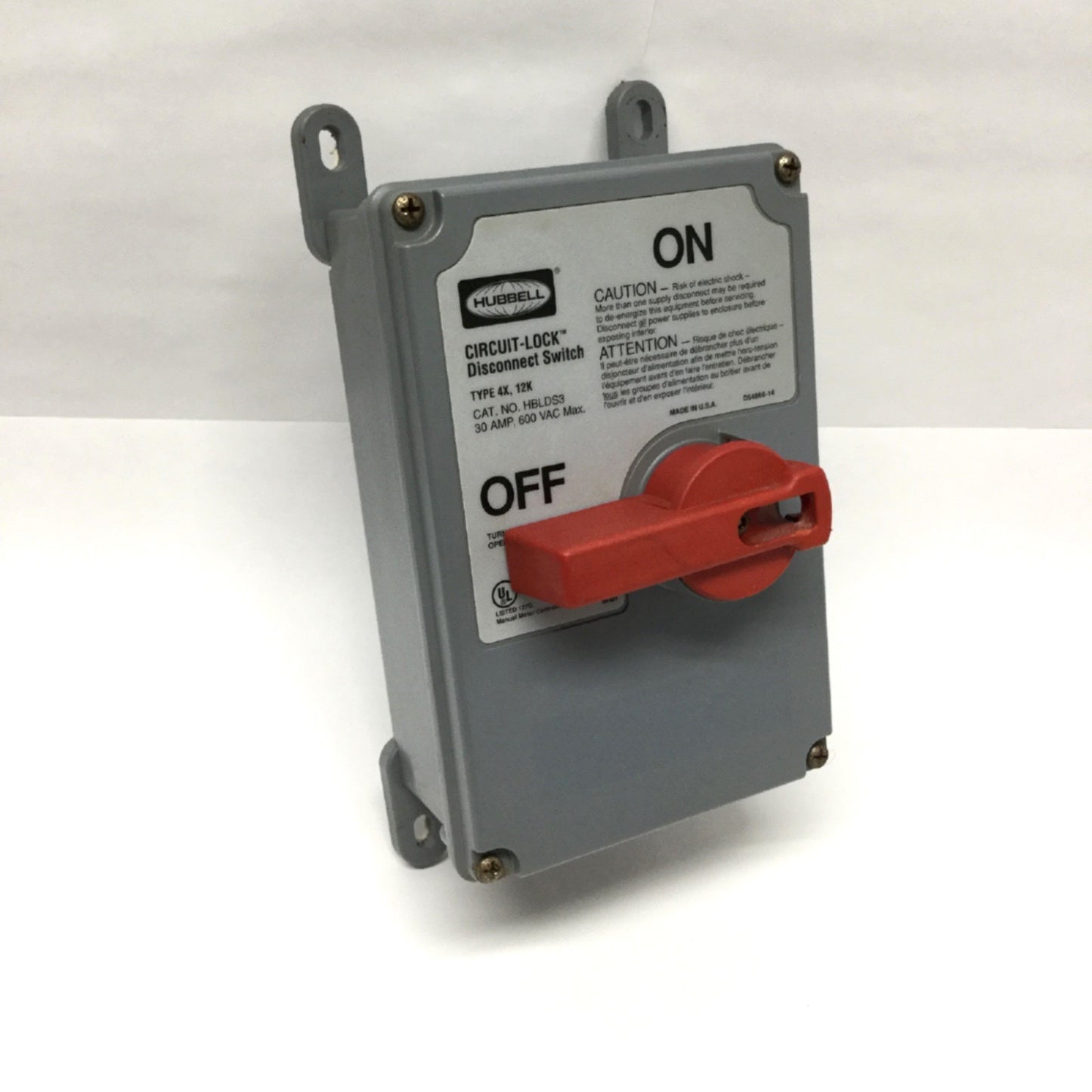 Used Hubbell HBLDS3 Circuit-Lock Disconnect Enclosure 3-Pole 600VAC *w/KG32 Switch*