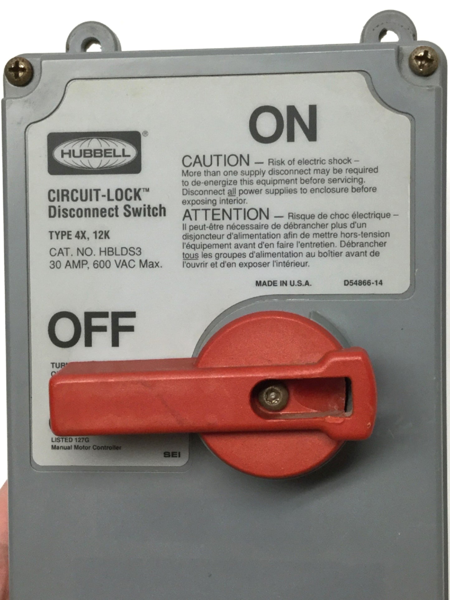 Used Hubbell HBLDS3 Circuit-Lock Disconnect Enclosure 3-Pole 600VAC *w/KG32 Switch*