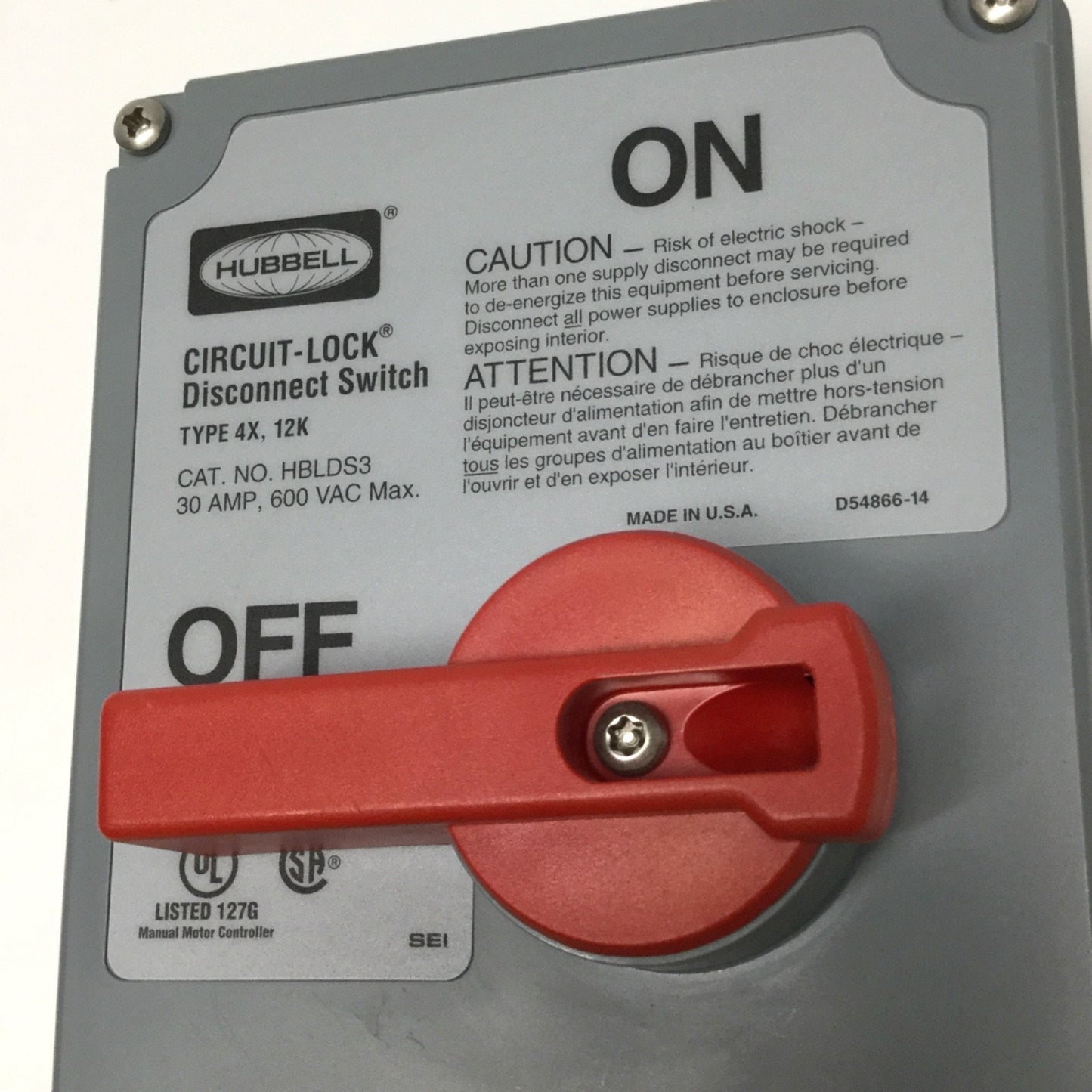 Used Hubbell HBLDS3 Circuit-Lock Disconnect Switch & Enclosure 3-Pole 600VAC 30A