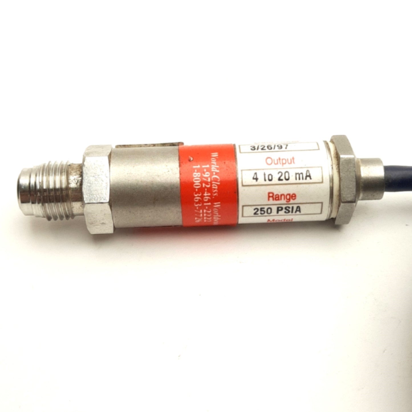Used SPAN SPT-204 Pressure Sensor, 250PSI to 4-20mA, 1/4"NPT, 24VDC, 6ft Cable