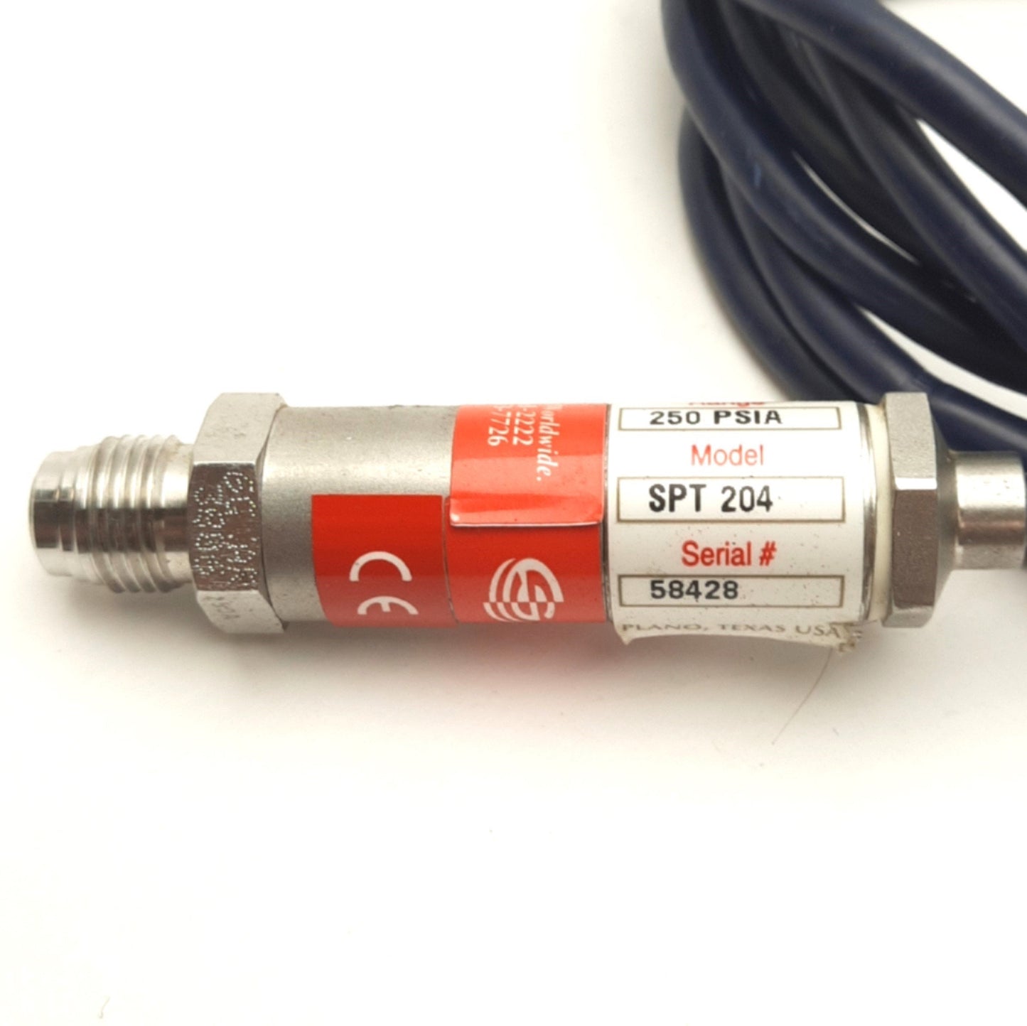 Used SPAN SPT-204 Pressure Sensor, 250PSI to 4-20mA, 1/4"NPT, 24VDC, 6ft Cable