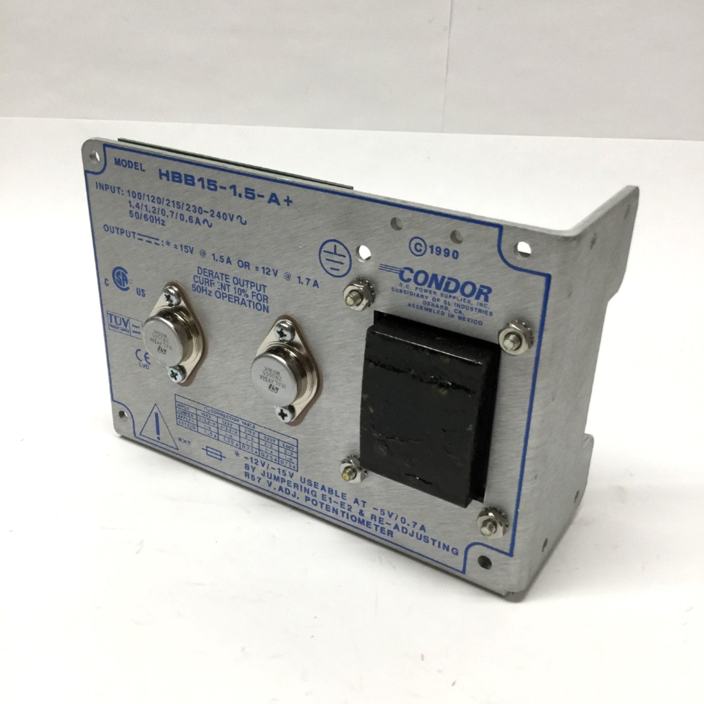 Used Condor HBB15-1.5-A+ Linear Power Supply 100-240VAC In, ±12/15VDC @ 1.7/1.5A