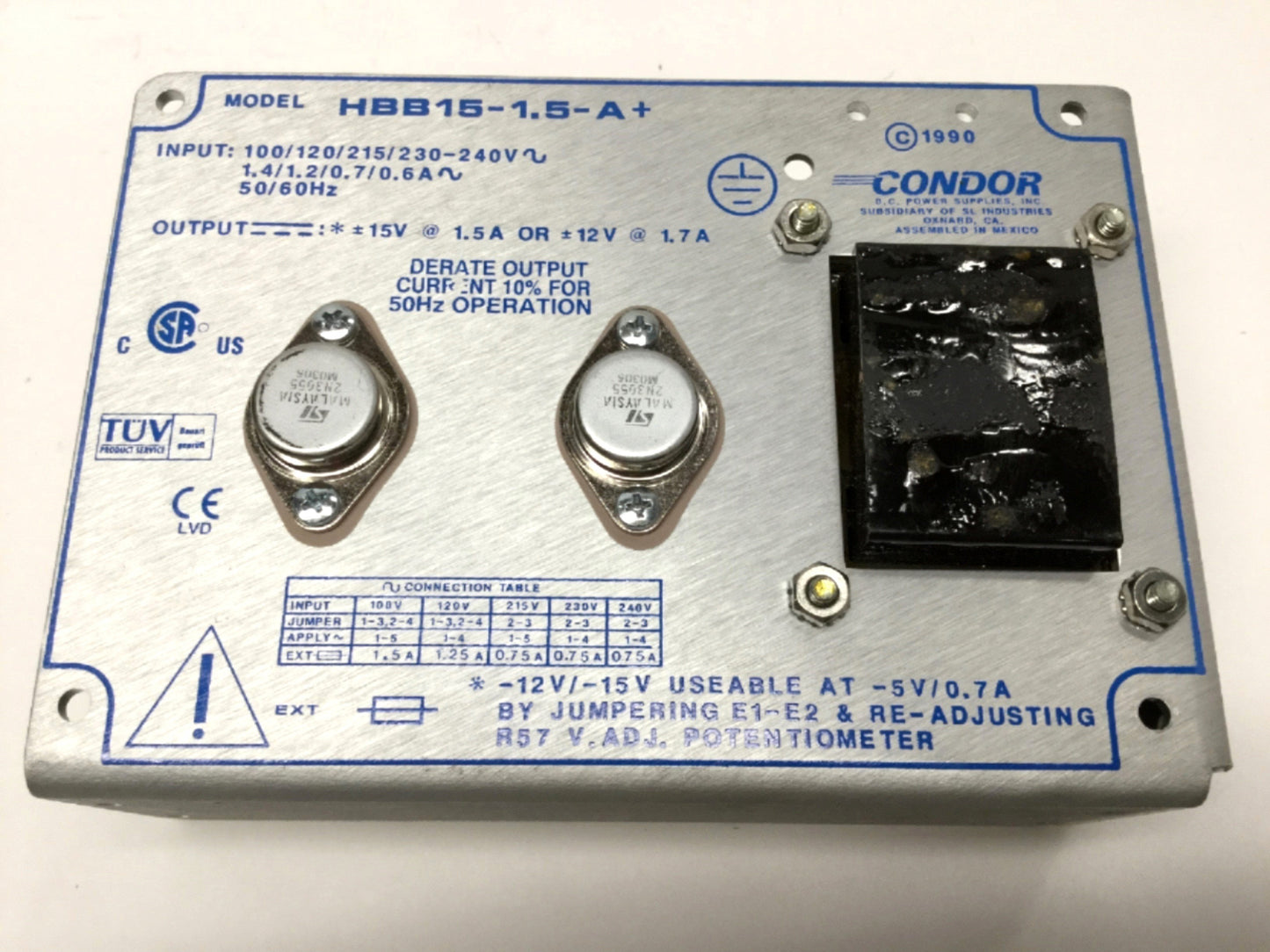 Used Condor HBB15-1.5-A+ Linear Power Supply 100-240VAC In, ±12/15VDC @ 1.7/1.5A