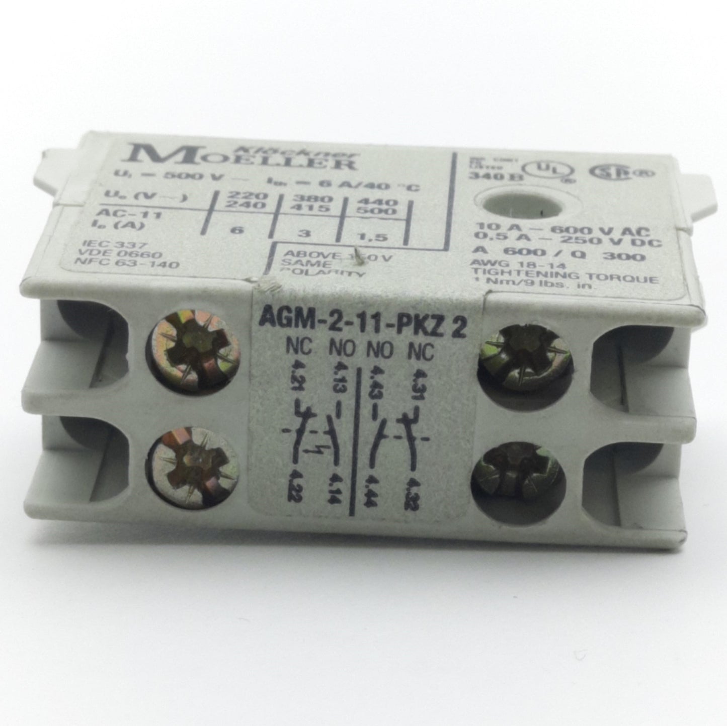 Used Moeller AGM-2-11-PKZ2 Auxiliary Contact, 600 VAC 10A, 250VDC 0.5A, 2NO/2NC