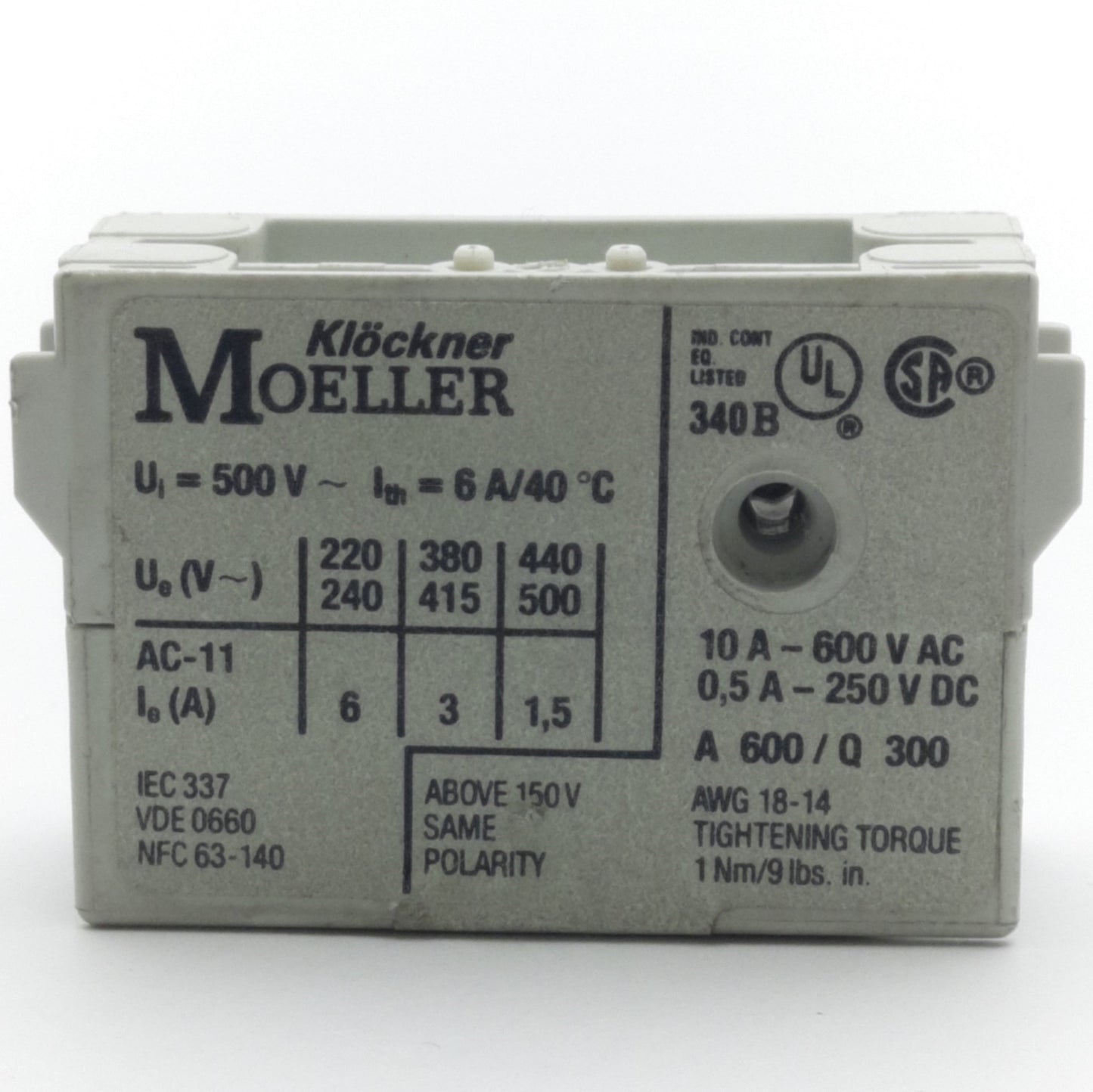 Used Moeller AGM-2-11-PKZ2 Auxiliary Contact, 600 VAC 10A, 250VDC 0.5A, 2NO/2NC