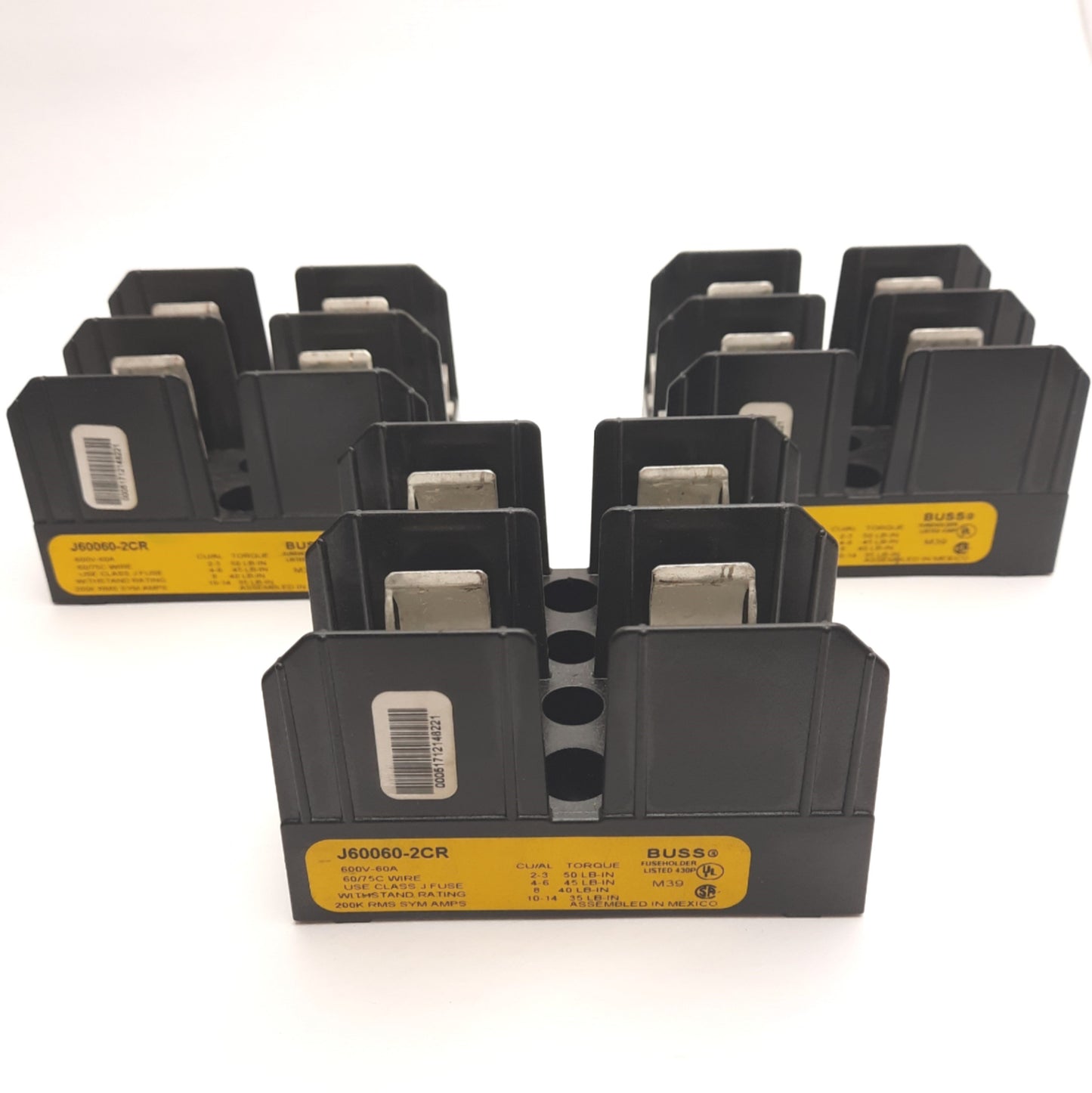 Used Lot of 3 Eaton J60060-2CR Fuse Holder, 2-Pole, Class J, 600VAC, 60A, Panel Mount