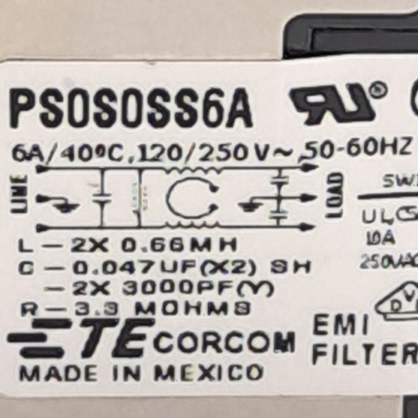 Used TE Connectivity PS0S0SS6A Power Entry Module, 6A 120~250VAC, 3-Position, Snap-In