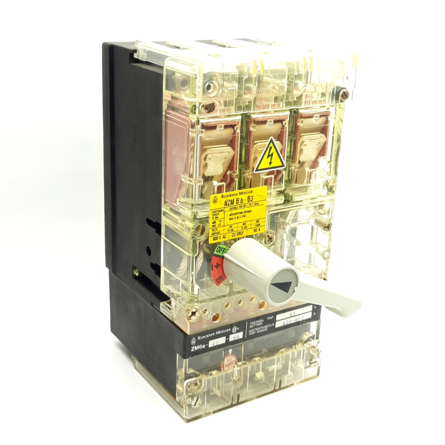 Used Klockner-Moeller NZM6B-63 / ZM6A-40-NA Circuit Breaker 40A Fixed, 400-800A Range