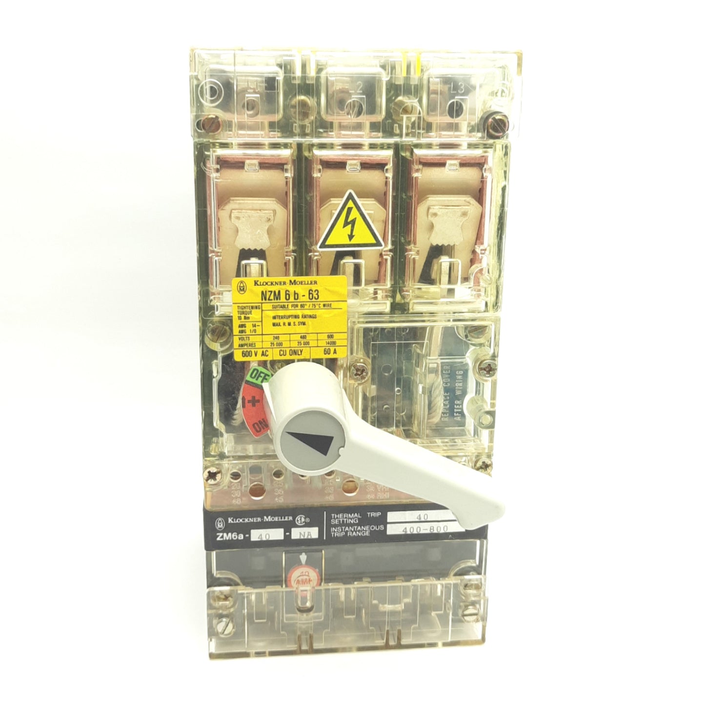 Used Klockner-Moeller NZM6B-63 / ZM6A-40-NA Circuit Breaker 40A Fixed, 400-800A Range