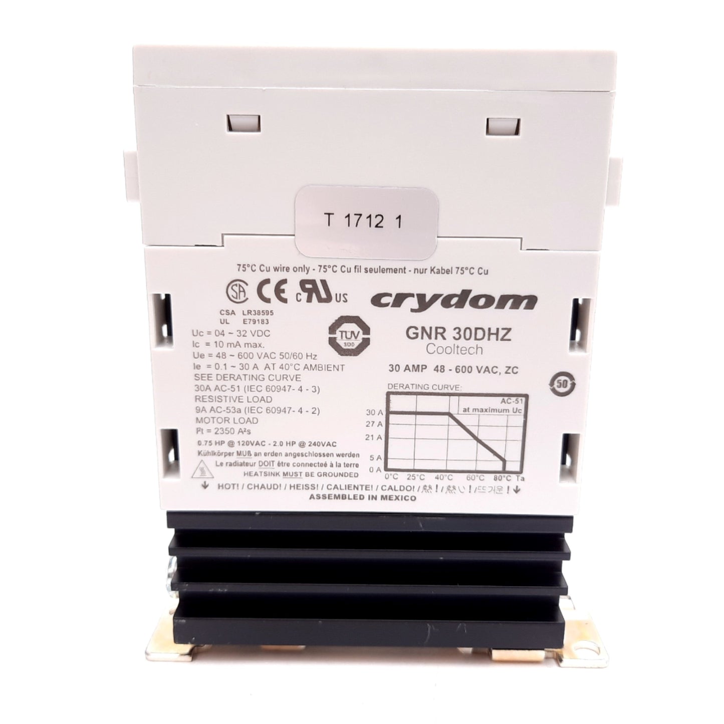 Used Crydom GNR30DHZ Solid State Relay, Control: 4-32VDC, Contact: 30A 48-600VAC