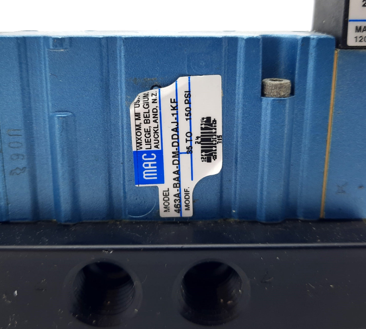 Used Mac 463A-BAA-DM-DDAJ-1KE Solenoid Valve W/DMB-DDAJ-1KJ1 x 2 24VDC 120PSI