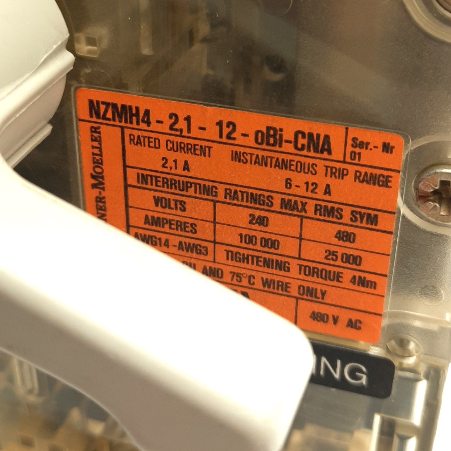 Used Klockner NZMH4-2.1-12-OBI-CNA Circuit Breaker, 2.1A 480V AC Rating, 6-12A Range