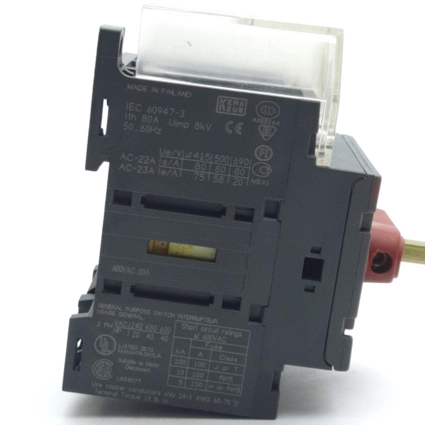 Used ABB OT63E3 Disconnect Switch w/8" Rod 3-Pole 80A 600VAC DIN Mount Screw Terminal