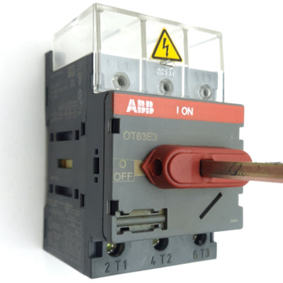 Used ABB OT63E3 Disconnect Switch w/8" Rod 3-Pole 80A 600VAC DIN Mount Screw Terminal