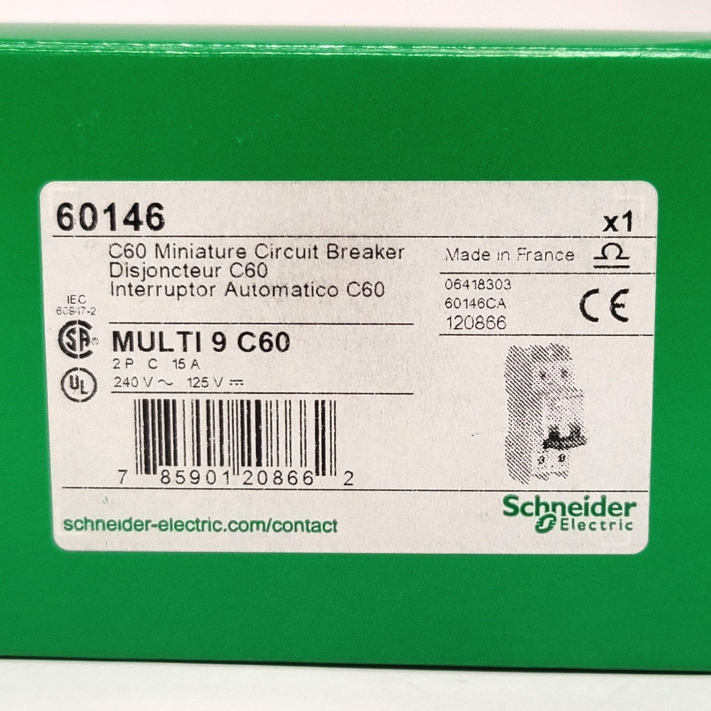 New Schneider Electric 60146 Multi 9 C60 Miniature Circuit Breaker 2-Pole, 15A, 240V