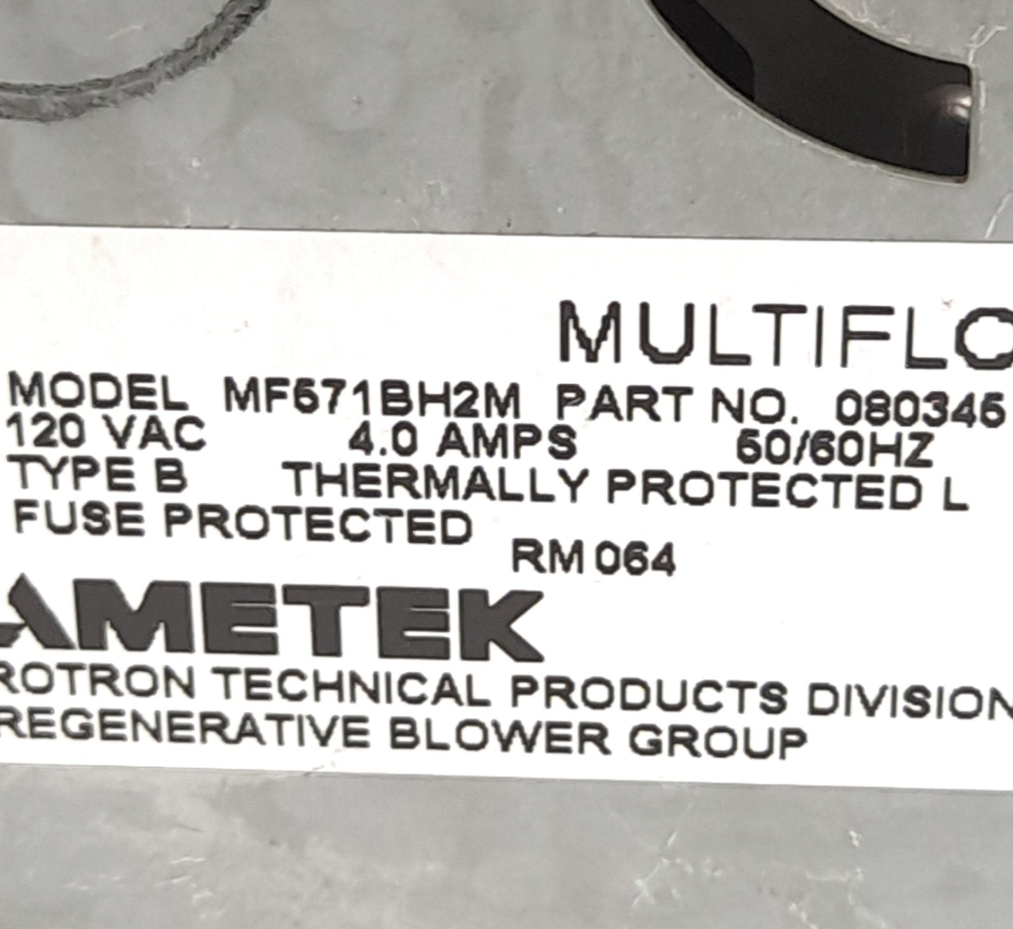 Used Ametek 080345 Type B Brushless Multiflow Blower, 120VAC, 4A, Water Sealed