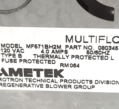 Used Ametek 080345 Type B Brushless Multiflow Blower, 120VAC, 4A, Water Sealed