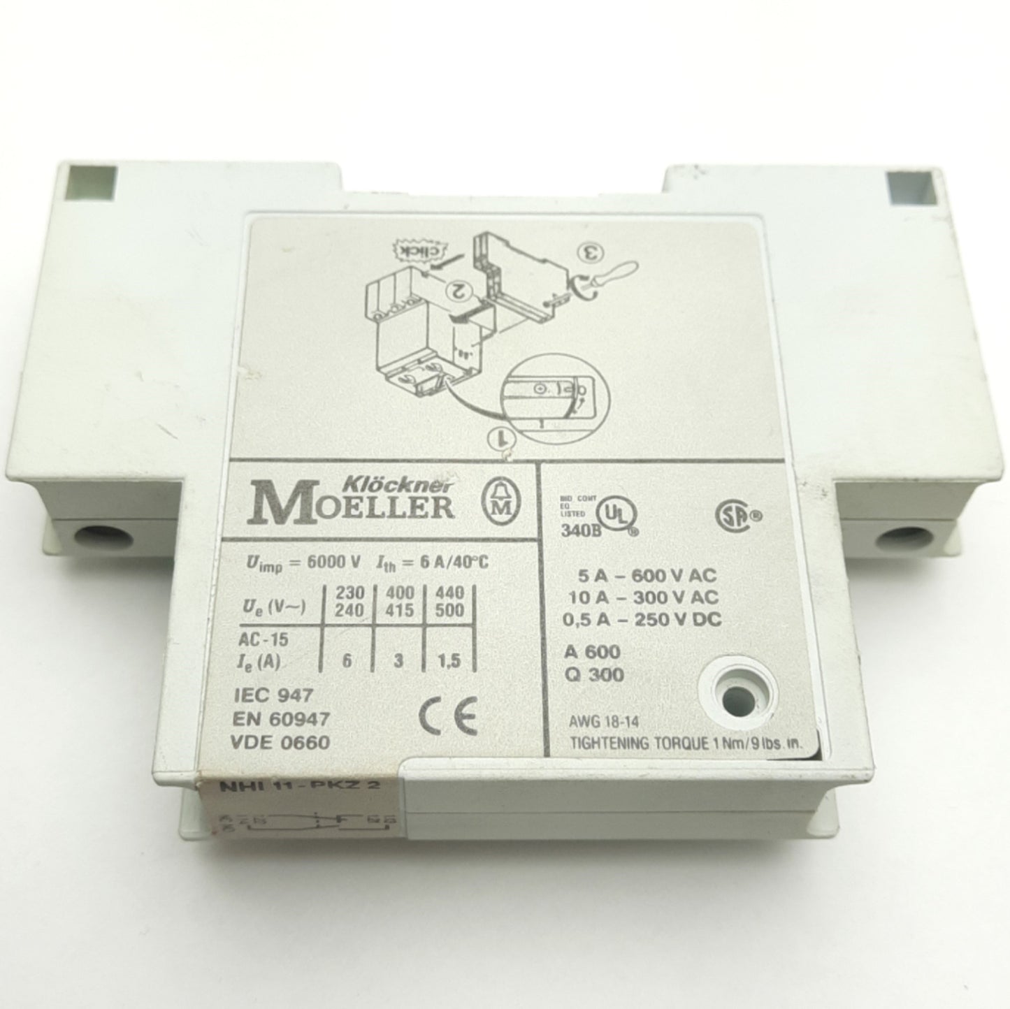 Used Lot of 2 Moeller NHI11-PKZ2 Auxiliary Contact DPST 1NO/1NC 600VAC 5A 250VDC 0.5A