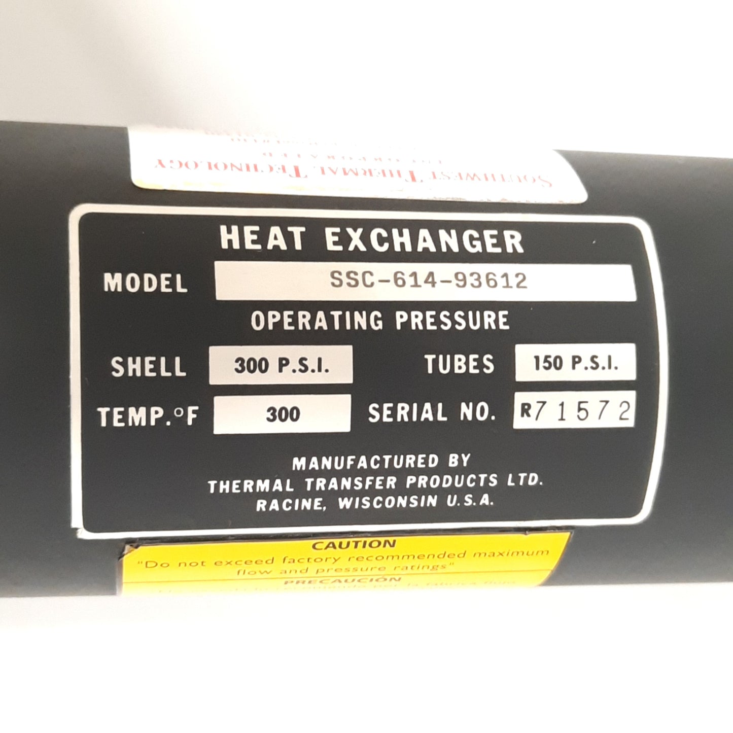 Used Southwest Thermal Tech SSC-614-93612 Heat Exchanger 150 Psi Tubes, 300 Psi Shell