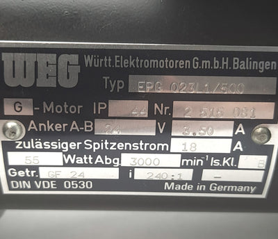 Used WEG EPG 023L1/500 Magnetic Gearmotor, 240:1, 12.5RPM Out, 24VDC 3.5A, 14mm Shaft