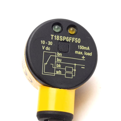 Used Banner T18SP6FF50 Photoelectric Sensor, 50mm, 10-30VDC, Output: PNP, 4-Wire