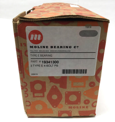 New MOLINE 19341300 Type-E 4-Bolt Pillow Block Bearing, Ø3" Bore, 12 x 6.25 x 4.5"