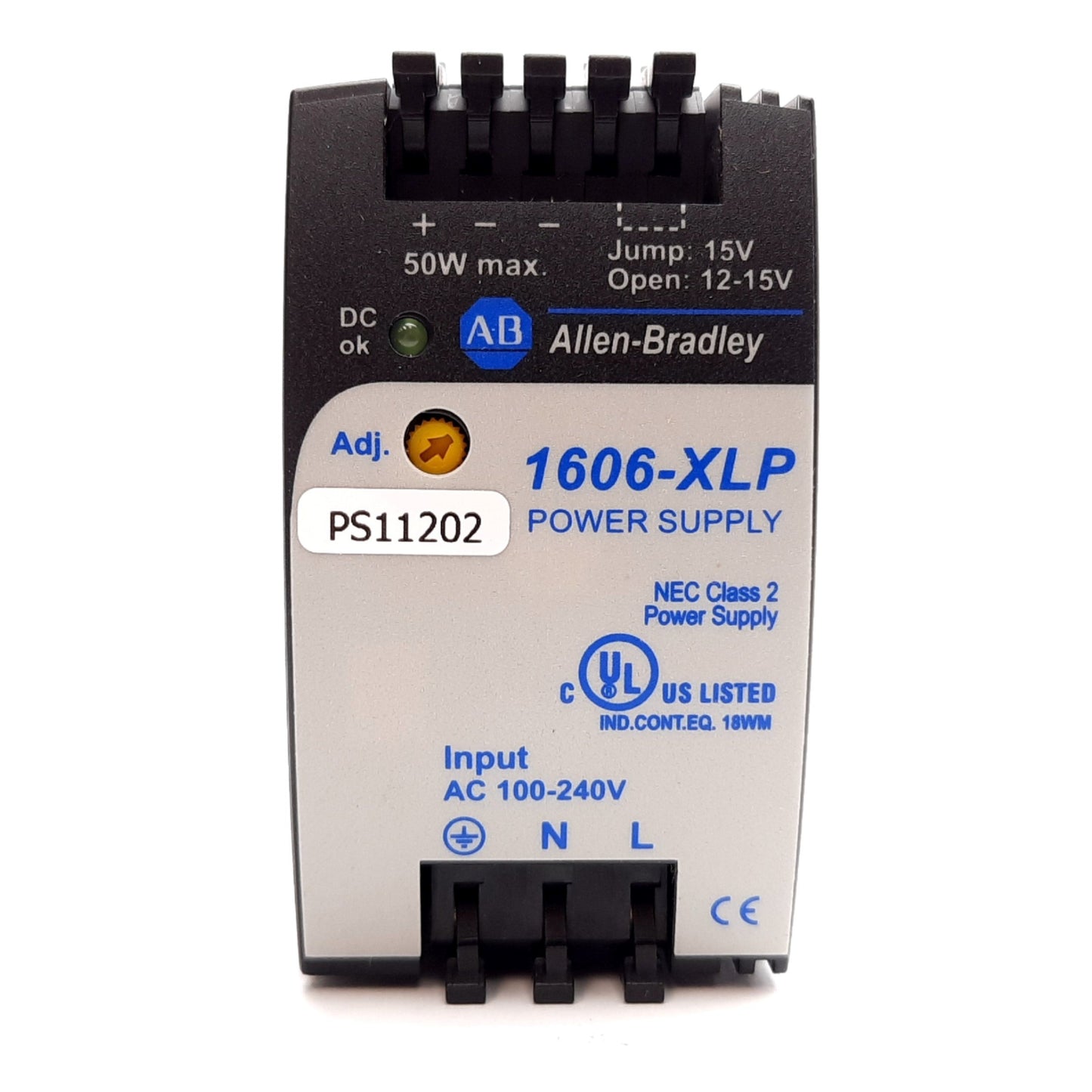 Used Allen Bradley 1606-XLP50B Power Supply, 100-240VAC In, 12-15VDC 4.2A 50W Output