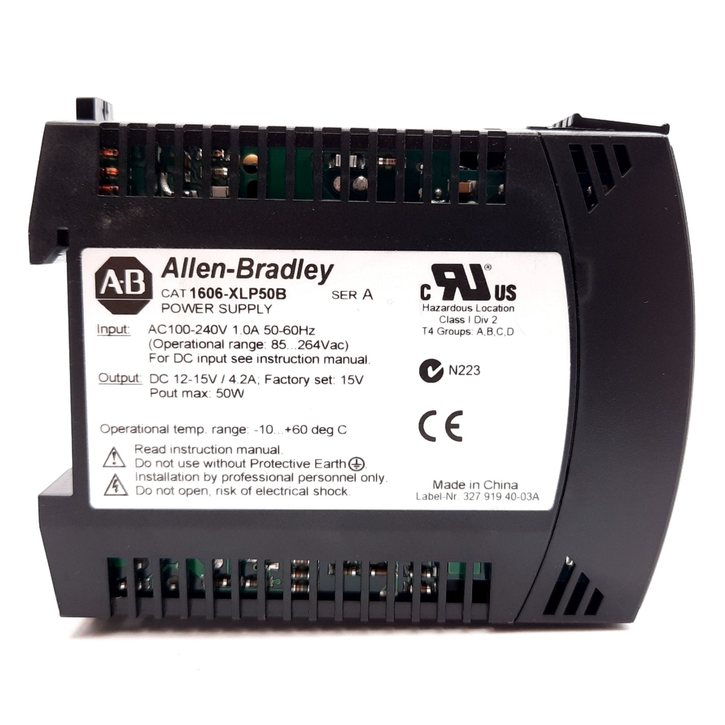 Used Allen Bradley 1606-XLP50B Power Supply, 100-240VAC In, 12-15VDC 4.2A 50W Output