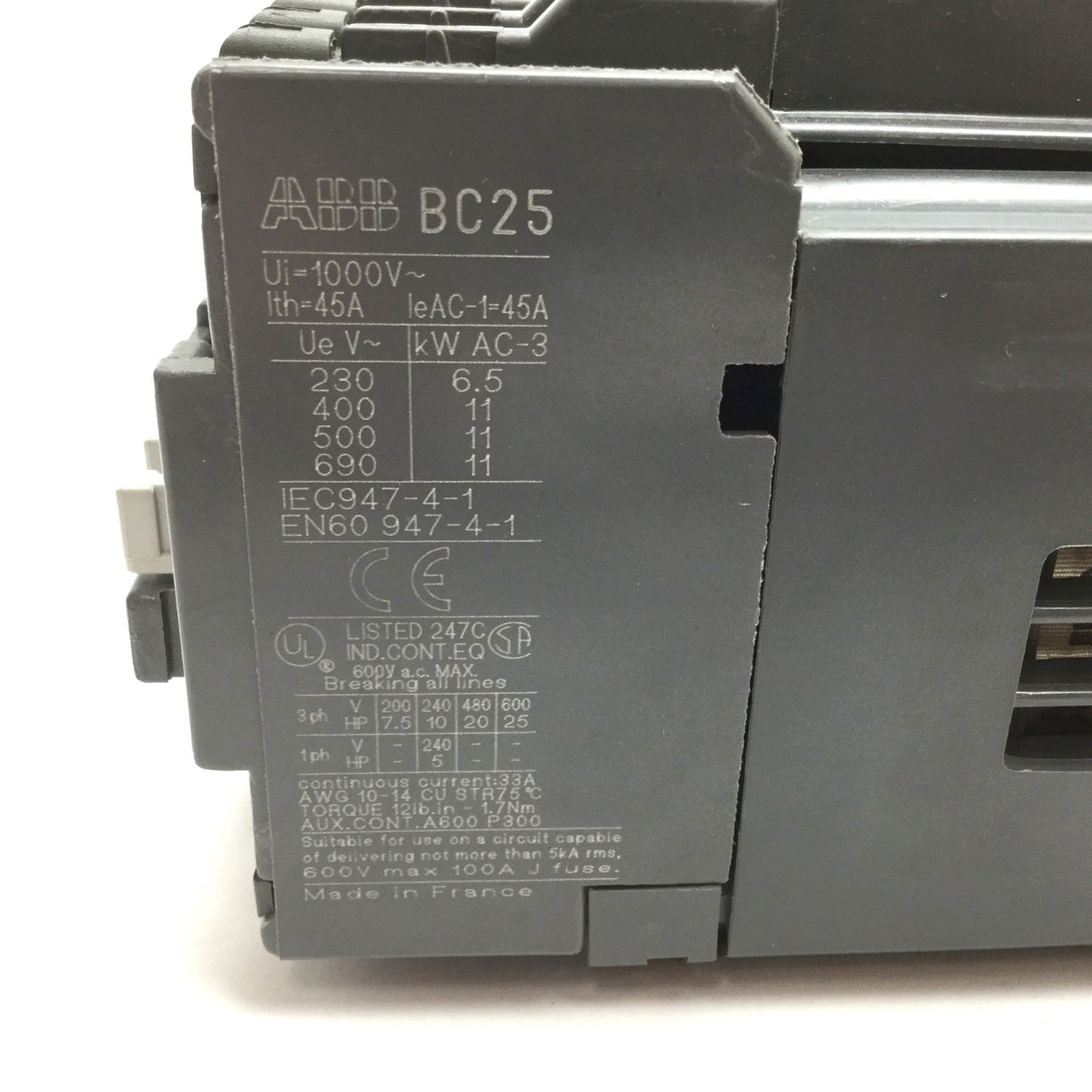 Used ABB BC25-30-10 Contactor, 3-Pole W/ N/O Aux, Coil: 24VDC, 600VAC 45A, DIN Rail