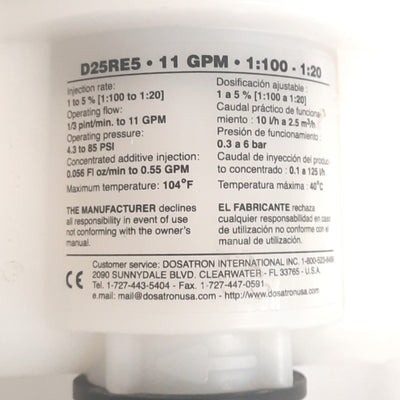 Used Dosatron D25RE5 PVDF Dosing Pump, 1/3pt/min-11GPM, 1:100-1:20, 4.3-85psi, 104°F