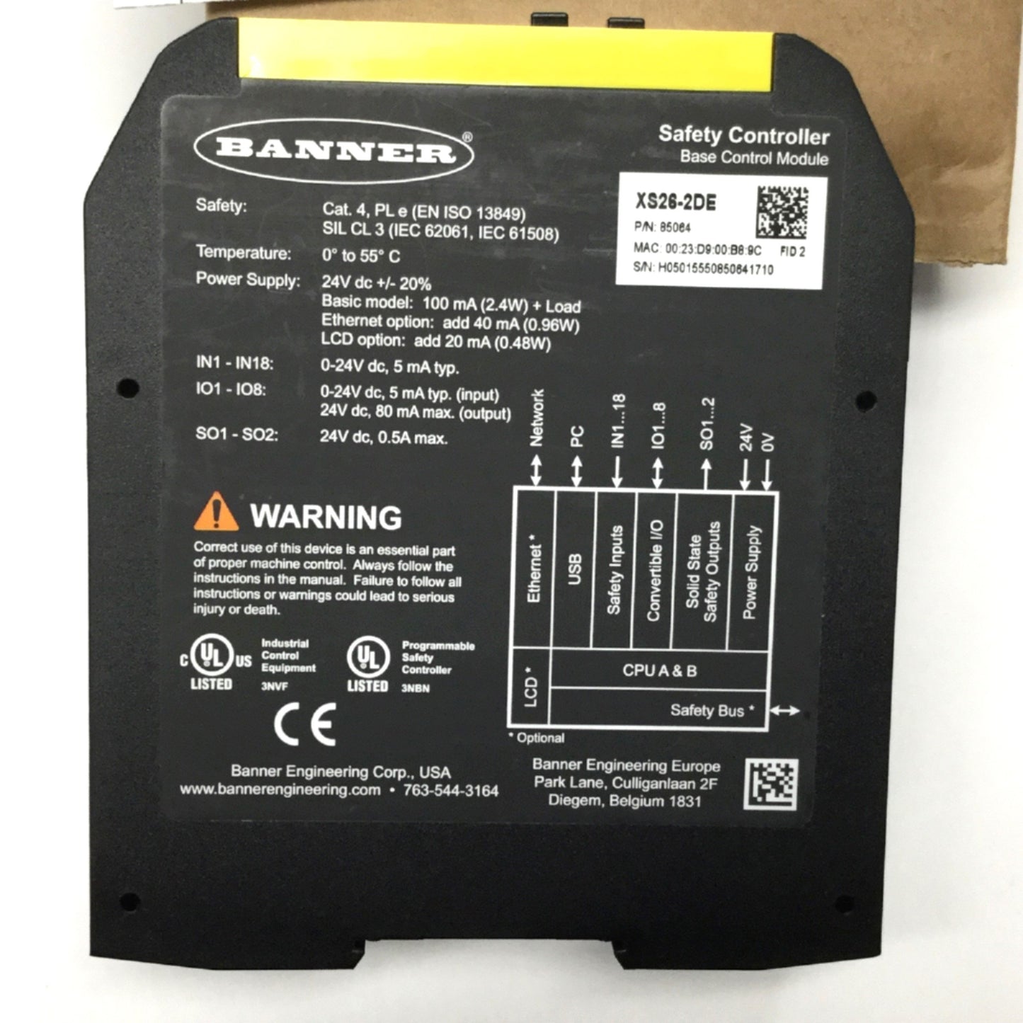 New – Open box Banner XS26-2DE Expandable Safety Controller, Ethernet Enabled, 24VDC, 2x OSSD