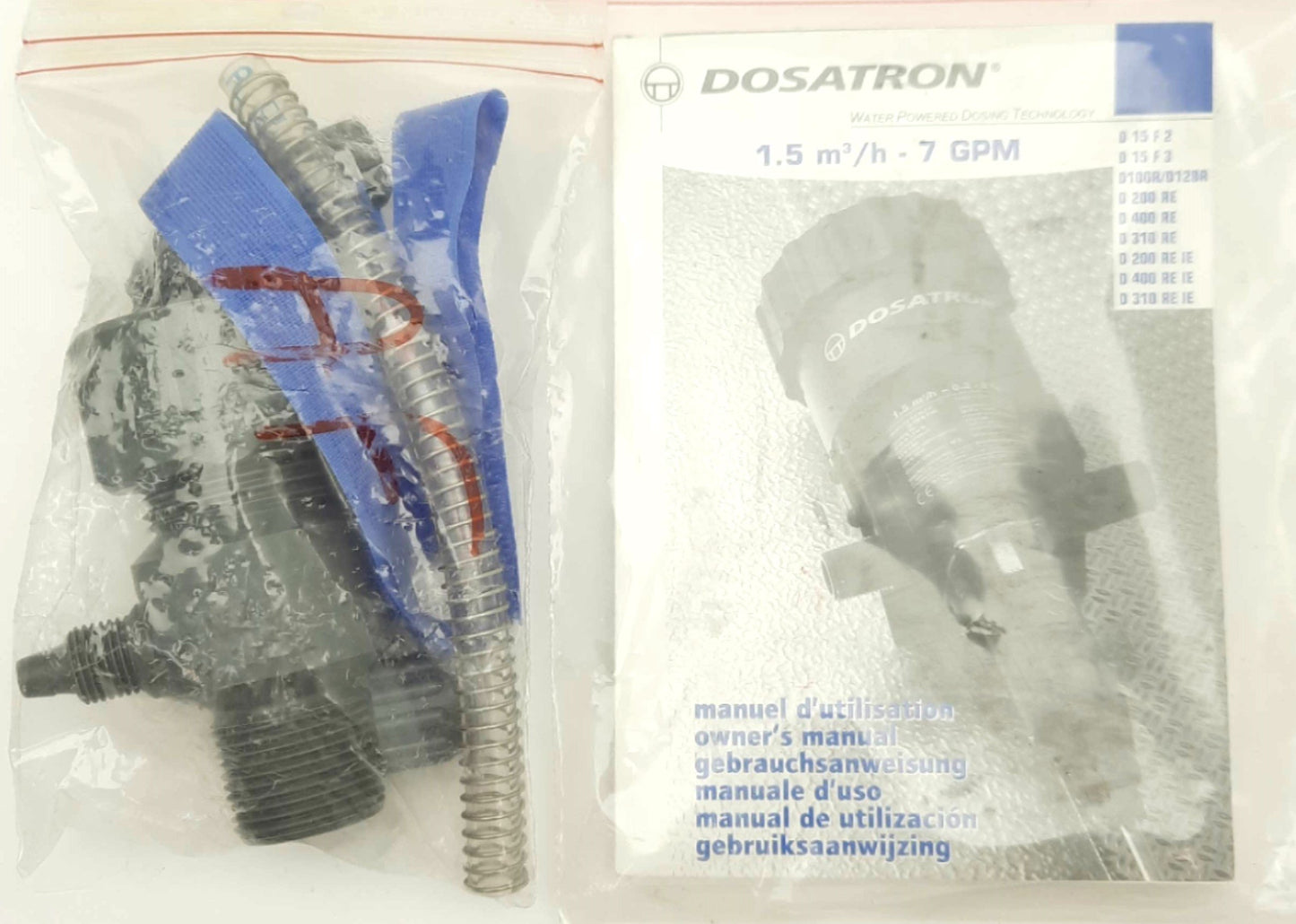 New – Open box Dosatron D400REIE PVDF Dosing Pump, 0.04 to 6.6GPM, 1:200-1:25, 0.5-5bar, 104°F