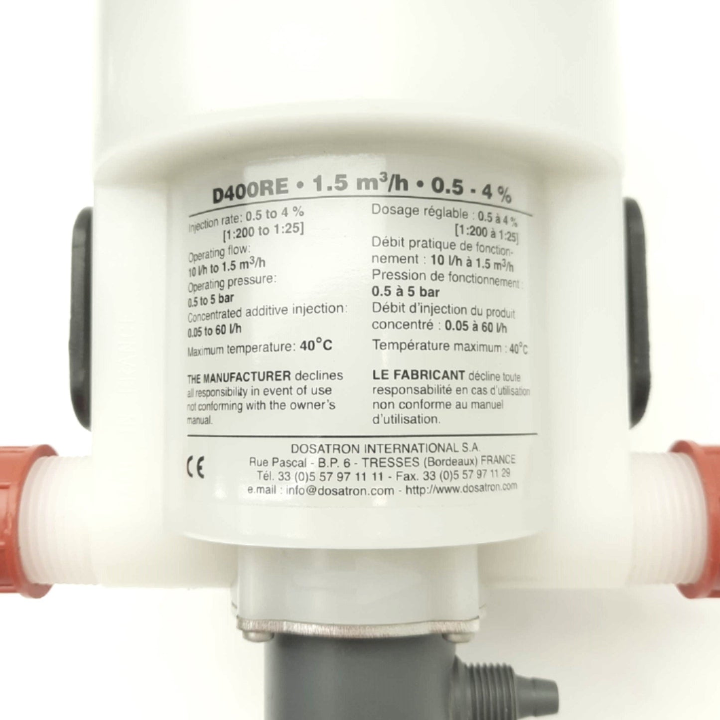 New – Open box Dosatron D400REIE PVDF Dosing Pump, 0.04 to 6.6GPM, 1:200-1:25, 0.5-5bar, 104°F