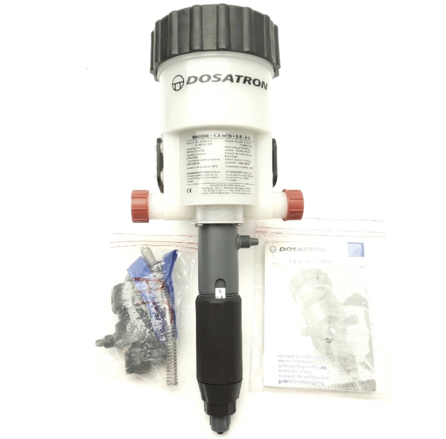 New – Open box Dosatron D400REIE PVDF Dosing Pump, 0.04 to 6.6GPM, 1:200-1:25, 0.5-5bar, 104°F